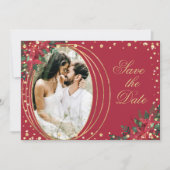 Rood Goud Poinsettia Foto Kerstmis Bruiloft Save The Date (Voorkant)