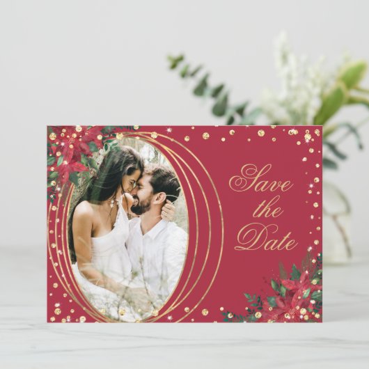 Rood Goud Poinsettia Foto Kerstmis Bruiloft Save The Date (Staand voorkant)