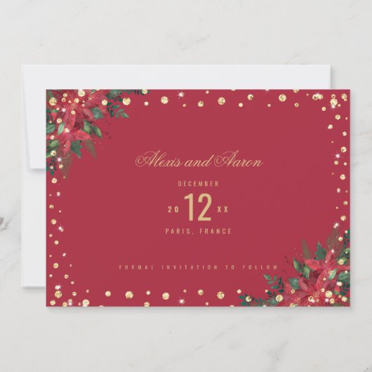 Rood Goud Poinsettia Foto Kerstmis Bruiloft Save The Date (Achterkant)
