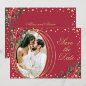 Rood Goud Poinsettia Foto Kerstmis Bruiloft Save The Date (Voorkant / Achterkant)