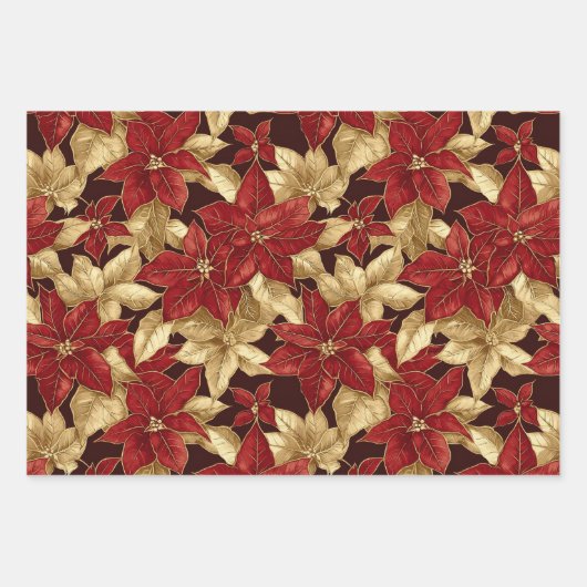 Rood Goud  Poinsettias Kerst Inpakpapier Vel (Voorkant 3)