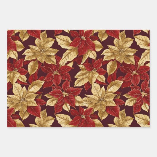 Rood Goud  Poinsettias Kerst Inpakpapier Vel (Voorkant 2)