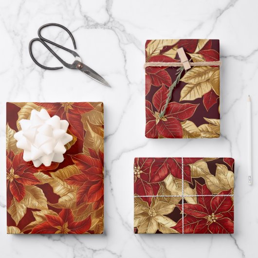 Rood Goud Poinsettias Kerst Inpakpapier Vel (Voorkant)