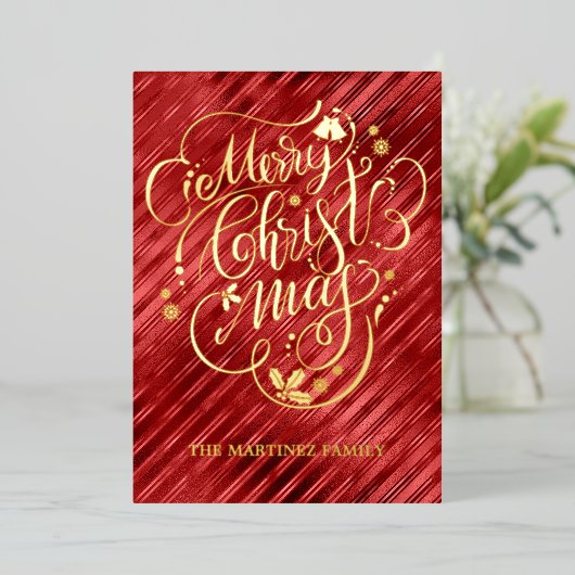 Rood Goud Prettig Kerstfeest  Folie Feestdagenkaart (Staand Voorkant)