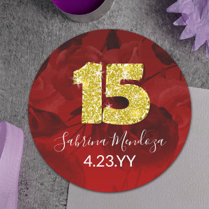 Rood, goud Quinceanera Gold #15 Ronde Sticker
