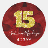 Rood, goud Quinceanera Gold #15 Ronde Sticker (Voorkant)