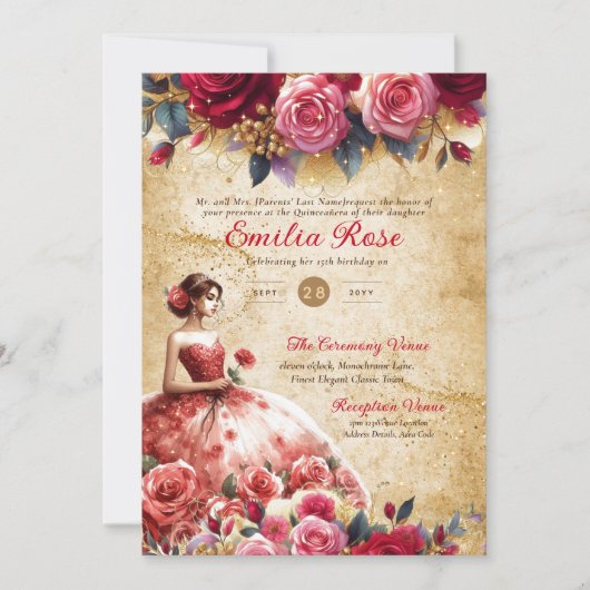 Rood Goud Quinceanera Jurk  Perkament Thema Kaart (Voorkant)