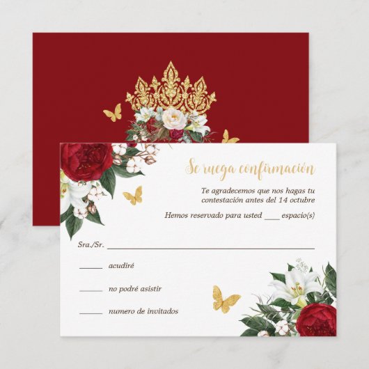 Rood Goud Quinceañera RSVP-kaart in het Spaans Kaart (Voorkant / Achterkant)