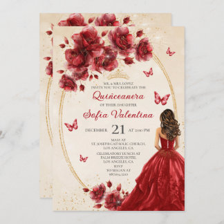 Rood & Goud Quinceañera Uitnodiging