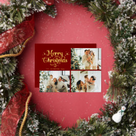 Rood & Goud Retro Kerst Familie Foto Collage Folie Feestdagenkaart