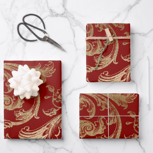 Rood Goud Rococo Barokke Swirl Inpakpapier Vel (Voorkant)