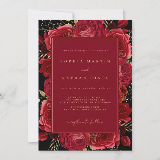 Rood Goud Roos Elegante Bloembruiloft Kaart (Voorkant)