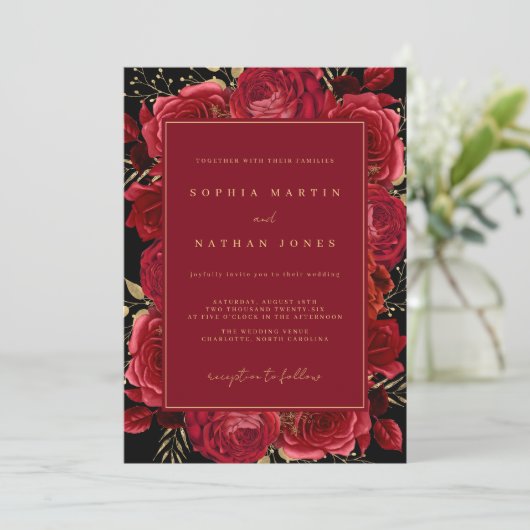 Rood Goud Roos Elegante Bloembruiloft Kaart (Staand voorkant)