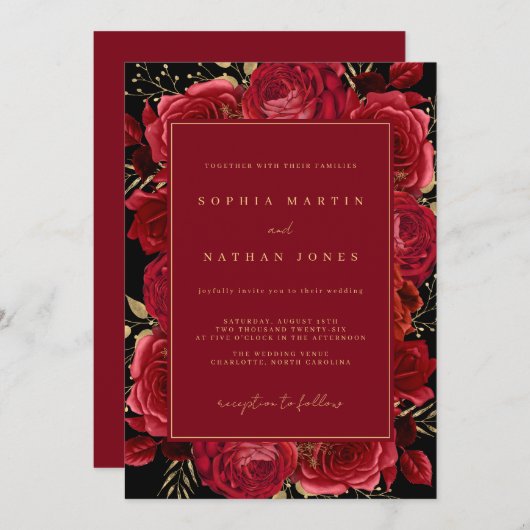 Rood Goud Roos Elegante Bloembruiloft Kaart (Voorkant / Achterkant)