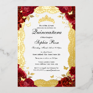 Rood Goud Roos Kant Vlinder Quinceanera Verjaardag Folie Uitnodiging