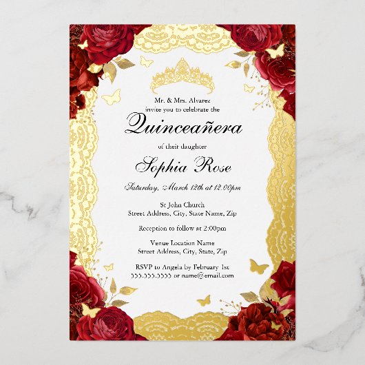 Rood Goud Roos Kant Vlinder Quinceanera Verjaardag Folie Uitnodiging (Voorkant)