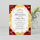 Rood Goud Roos Kant Vlinder Quinceanera Verjaardag Folie Uitnodiging (Staand Voorkant)