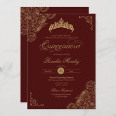 Rood & Goud Rozen Elegant Quinceañera Kaart (Voorkant / Achterkant)