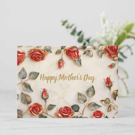 Rood Goud Rozen Moederdag Kaart (Staand voorkant)