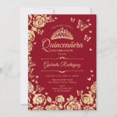 Rood Goud Rozen Vlinders Quinceanera Kaart (Voorkant)