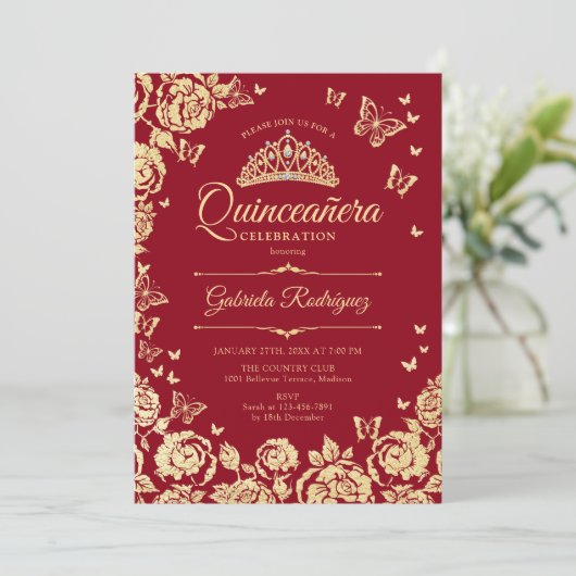 Rood Goud Rozen Vlinders Quinceanera Kaart (Staand voorkant)