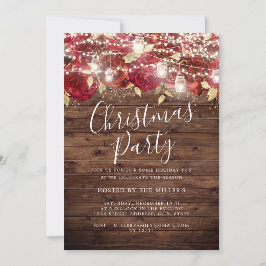 Rood Goud Rustiek Bladerlicht Kerstfeest Kaart (Voorkant)