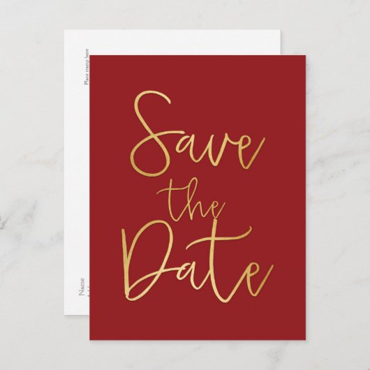 Rood & Goud SAVE THE DATE Modern Script Postcard Aankondigingskaart (Voorkant / Achterkant)