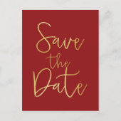 Rood & Goud SAVE THE DATE Modern Script Postcard Aankondigingskaart (Voorkant)