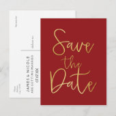 Rood & Goud SAVE THE DATE Modern Script Postkaart Aankondigingskaart (Voorkant / Achterkant)