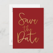 Rood & Goud SAVE THE DATE Moderne Script Postkaart Aankondigingskaart (Voorkant / Achterkant)