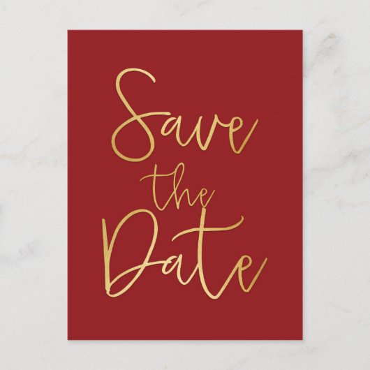 Rood & Goud SAVE THE DATE Moderne Script Postkaart Aankondigingskaart (Voorkant)