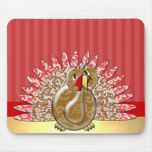 Rood Goud Schattige Cartoon Turkije Damask Pattern Muismat (Voorkant)