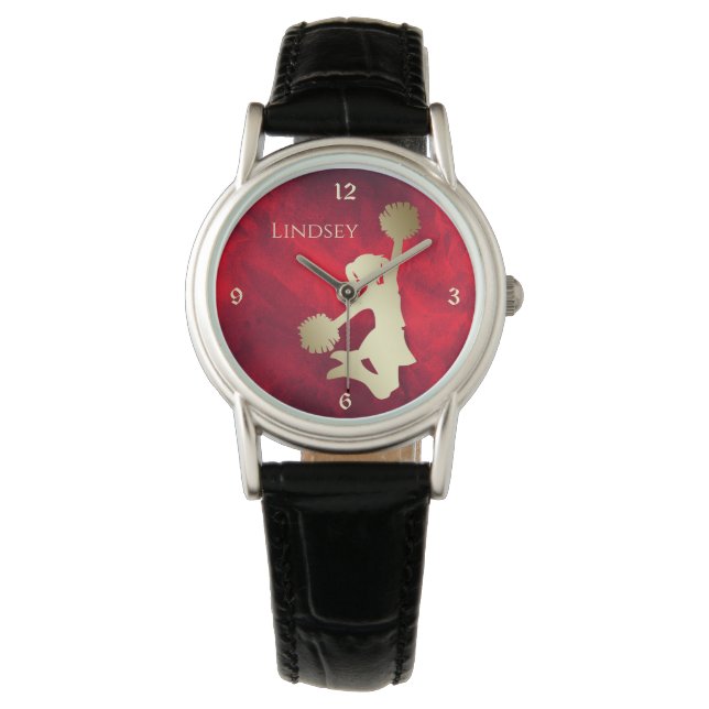 Rood Goud Silhouet Cheerleader Horloge (Voorkant)