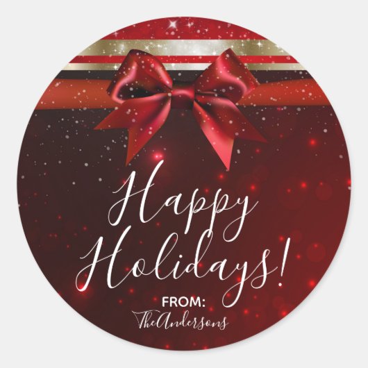 Rood & Goud Sparkle Chique Bow Elegante Vakantie F Ronde Sticker (Voorkant)
