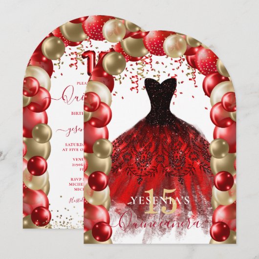 Rood Goud Sparkle Jurk Quinceañera Balloon Arch Kaart (Voorkant / Achterkant)