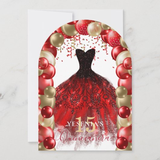 Rood Goud Sparkle Jurk Quinceañera Balloon Arch Kaart (Voorkant)