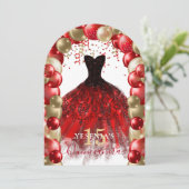 Rood Goud Sparkle Jurk Quinceañera Balloon Arch Kaart (Staand voorkant)