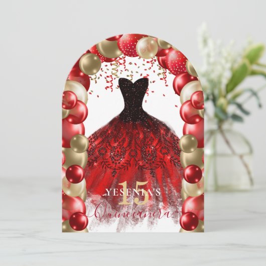 Rood Goud Sparkle Jurk Quinceañera Balloon Arch Kaart (Staand voorkant)