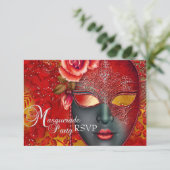 Rood & Goud Sparkle Mask Masquerade Party RSVP (Staand voorkant)