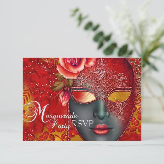 Rood & Goud Sparkle Mask Masquerade Party RSVP (Staand voorkant)