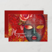 Rood & Goud Sparkle Mask Masquerade Party RSVP (Voorkant / Achterkant)