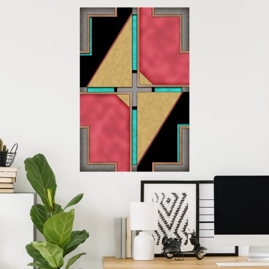 Rood, Goud, Turquoise Cyberpunk Art Deco Design Poster (Thuiskantoor)