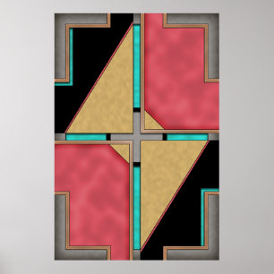 Rood, Goud, Turquoise Cyberpunk Art Deco Design Poster