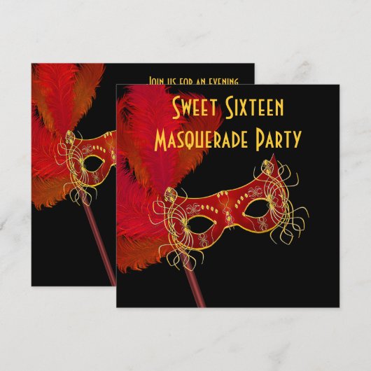 Rood Goud Veermasker Sweet 16 Masquerade Party Kaart (Voorkant / Achterkant)