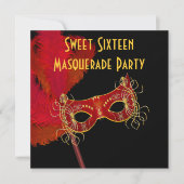 Rood Goud Veermasker Sweet 16 Masquerade Party Kaart (Voorkant)