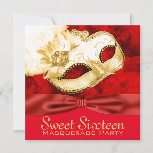 Rood Goud Veren Maskerade Feest Kaart (Voorkant)
