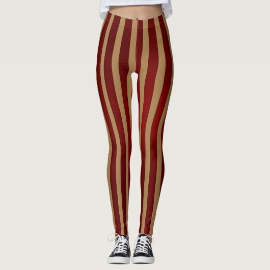 Rood & Goud Verticale Strepen Gestreept Patroon Leggings (Voorkant)