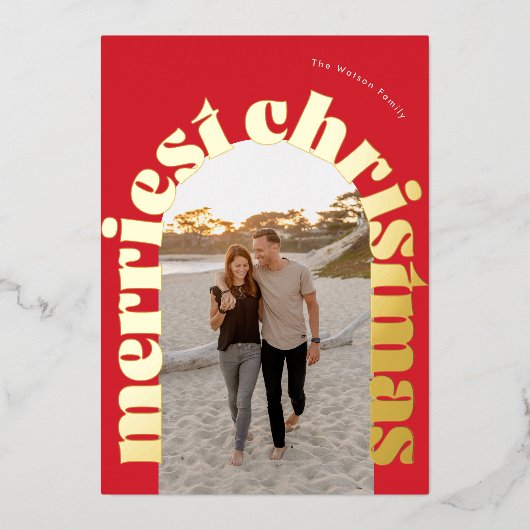 Rood & Goud Vet Typografie Ovale Foto Kerstmis Folie Feestdagenkaart (Voorkant)