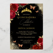 Rood Goud Vlinder Roos Tiara Quinceanera Folie Uitnodiging (Voorkant)