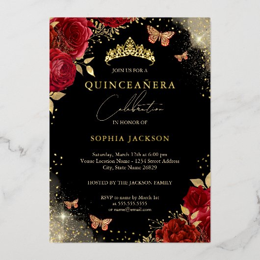 Rood Goud Vlinder Roos Tiara Quinceanera Folie Uitnodiging (Voorkant)